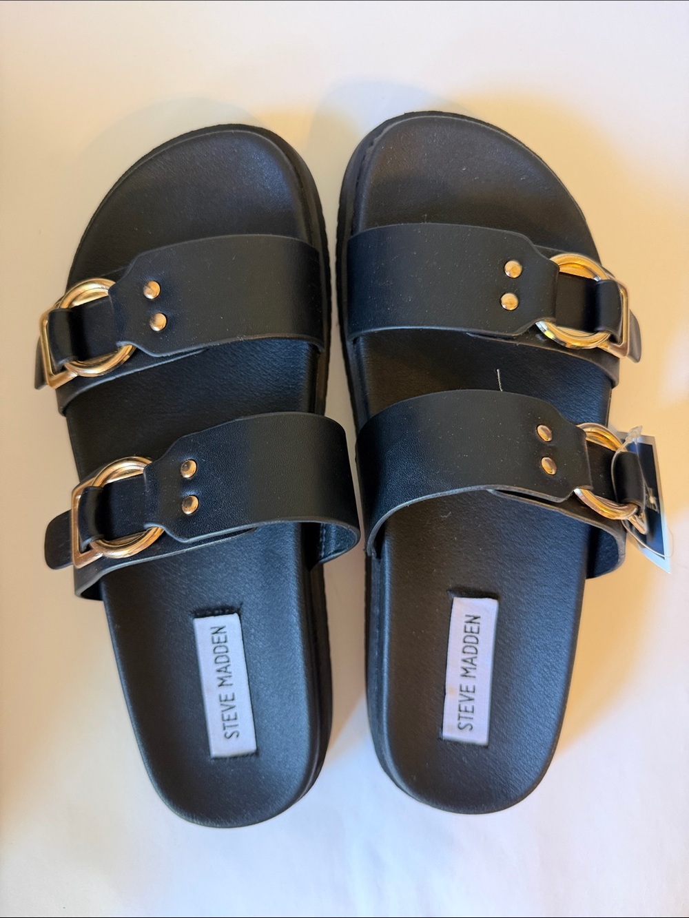 NWT Steve Madden Black Slide Sandals with Gold Buckles